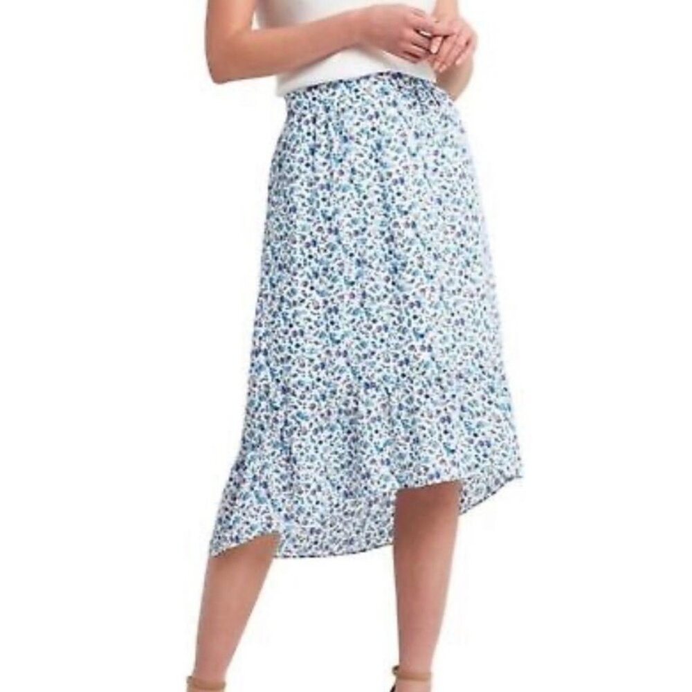 H Halston Midi Skirt Womens Size Medium White Blue High Low Floral Ruffle Hem